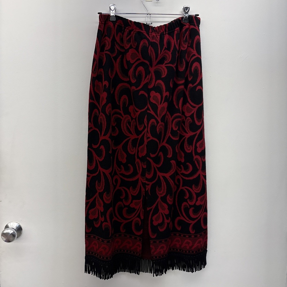 Nina Leonard Sz M Skirt Red Black Knit Elastic Waist Fringe Paisley Dressy Slit - Picture 2 of 7